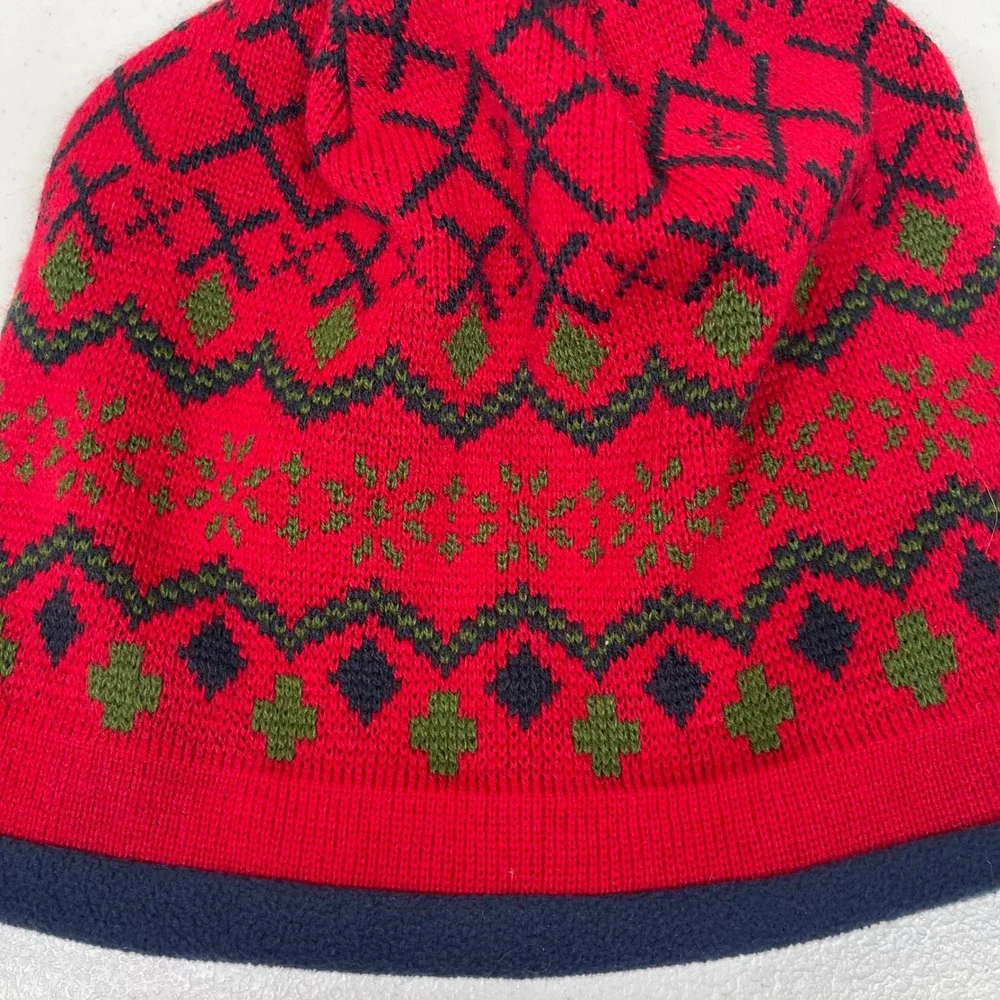 LLBean Kids Boys Knit‎ Hat Red Fair Isle Tassel Blue Fleece Lined Size M